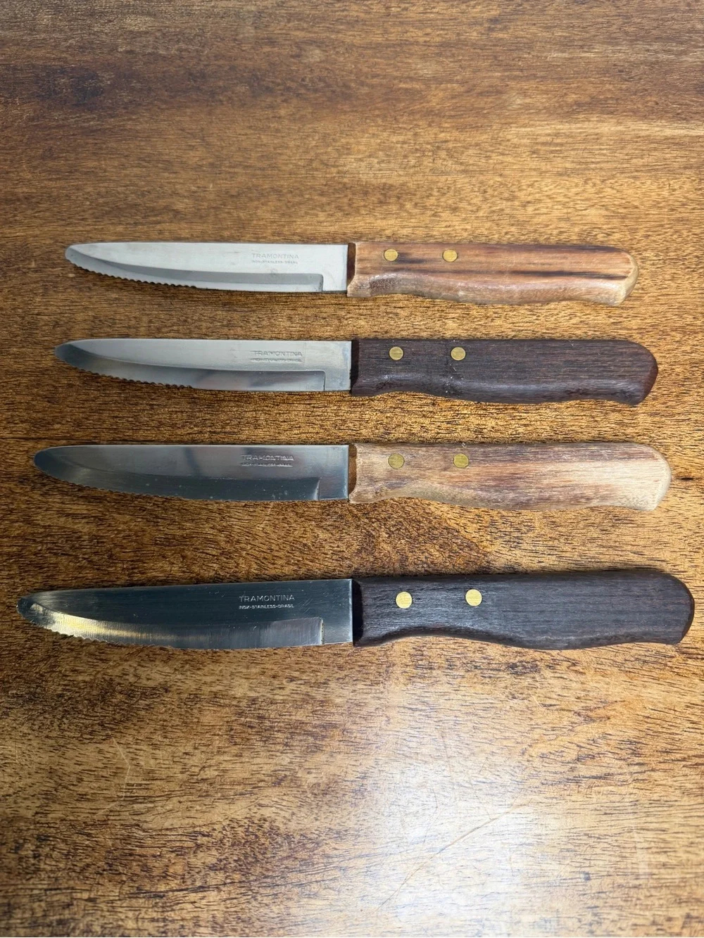 Vintage Tramontina Inox Stainless Brasil Steak Knives Set of 4 Wood Handles